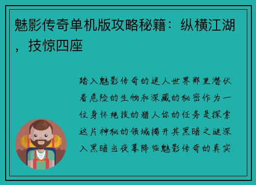 魅影传奇单机版攻略秘籍：纵横江湖，技惊四座